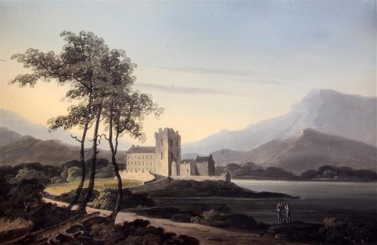 William Payne (1760-1830) / Thomas Walmsley (1763-1806) Ross Castle, Lake of Killarney and Cockermouth Castle, Cumberland 11 x 16.5in.